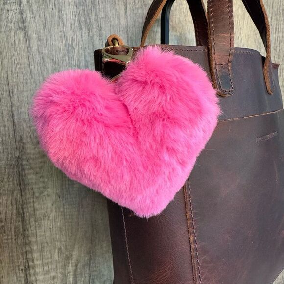 Fuzzy Pink Heart Charm FAST SHIP Pink Keychain Bag Charm - Picture 1 of 3